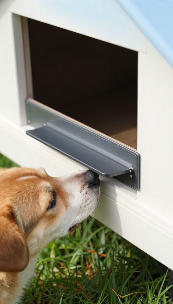 Dog house with magnetic weather flap being pushed open by a dog's nose