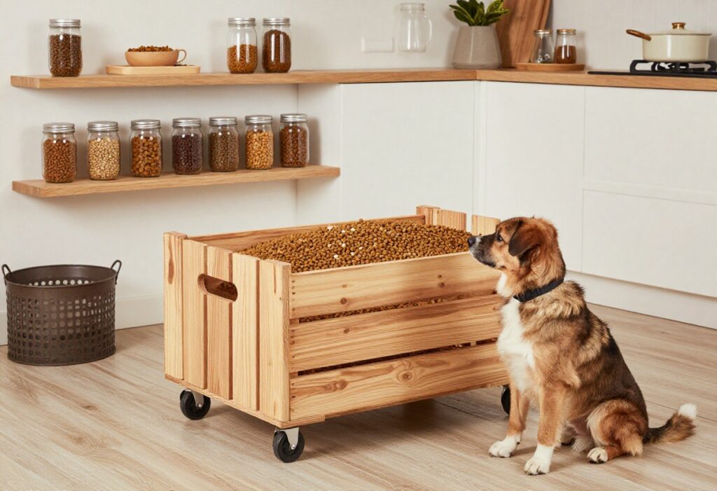 DIY dog food storage ideas in a home setting, showing organized containers and a happy dog.