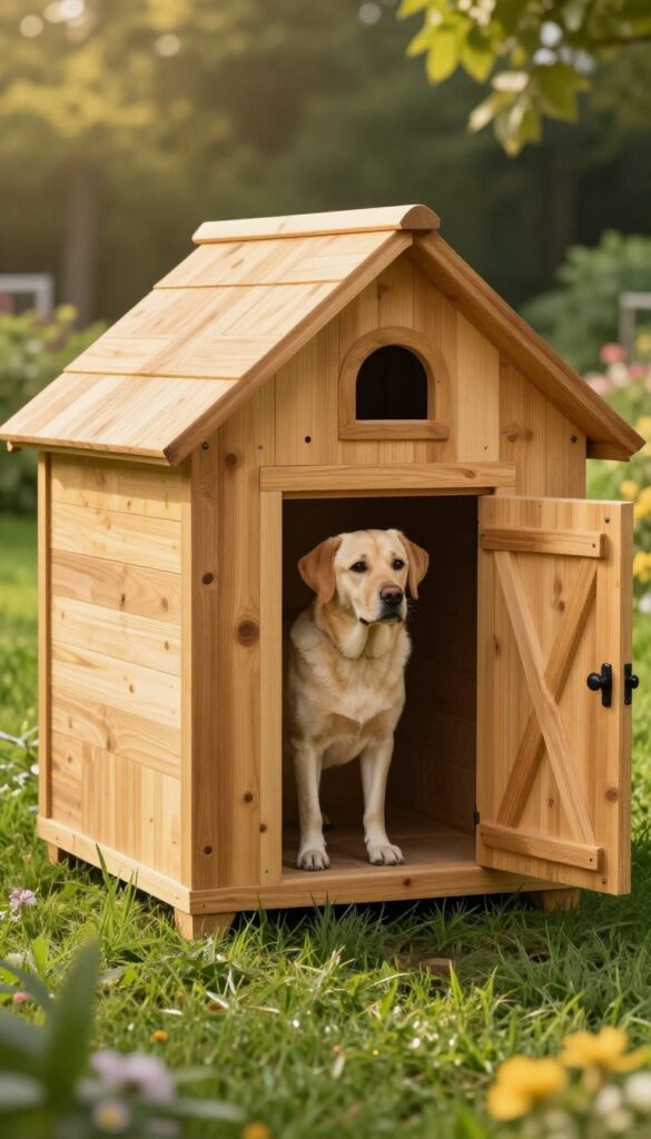 Barn-style dog house with gambrel roof and Dutch doors in a sunny backyard