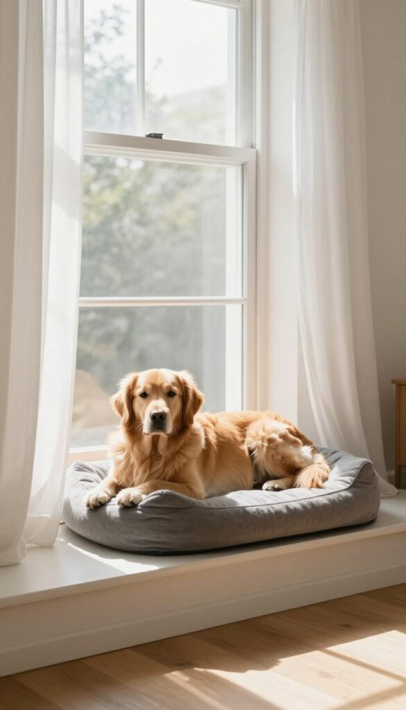 A cozy window perch with a dog bed nook, where a golden retriever relaxes on a plush bed on a wide windowsill, enjoying natural light and a view of the outdoors.