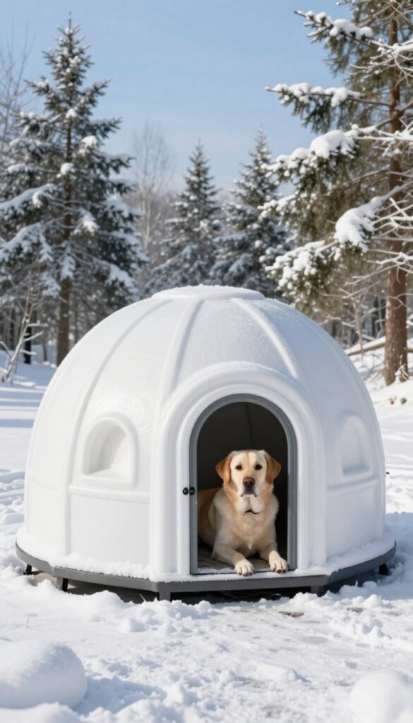 Insulated igloo-style dog house in snowy backyard with a Labrador retriever curled up inside