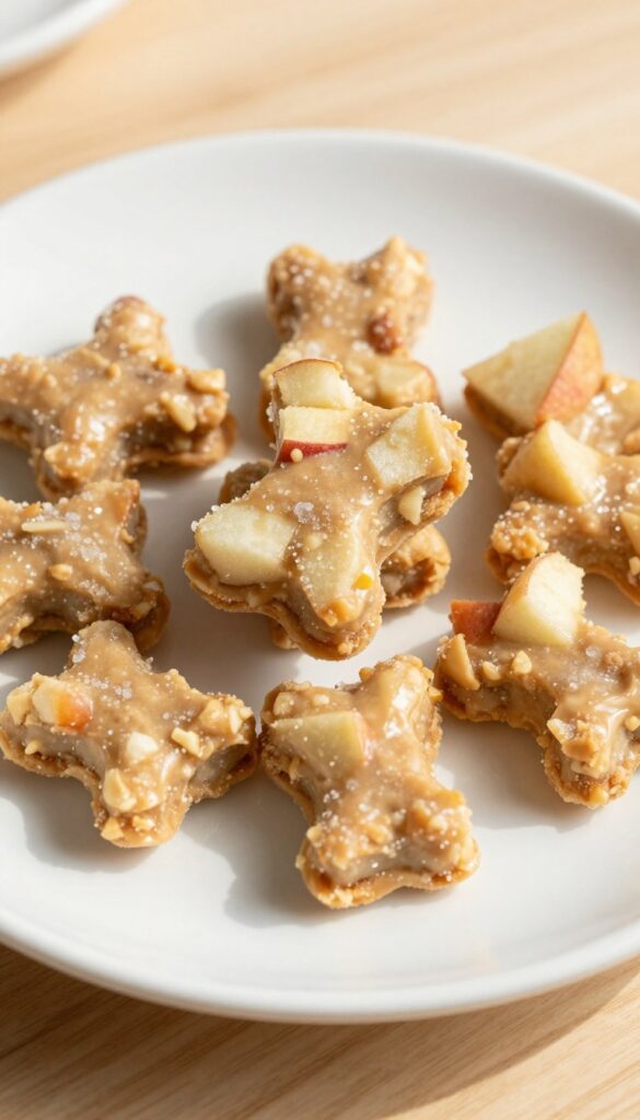 Homemade apple and peanut butter frozen dog chews on a plain plate, showcasing a creamy mixture with apple pieces for longer-lasting chewing.