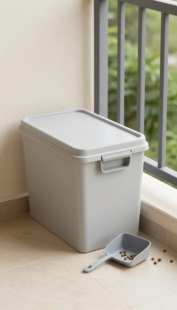 A weather-resistant storage box on a balcony holding dog food, illustrating smart storage for small spaces.