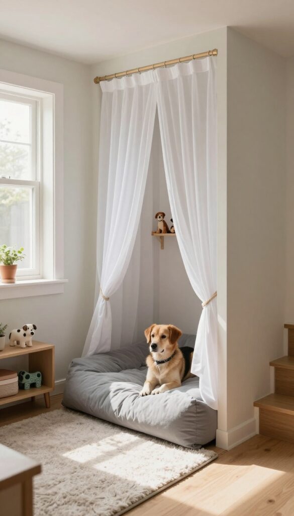 Cozy under-stairs dog den with soft bed and curtain in modern small home