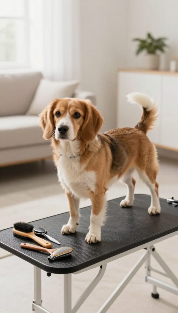A dog on a portable grooming station with a foldable table in a well-lit apartment corner, showcasing organized tools for stress-free grooming.