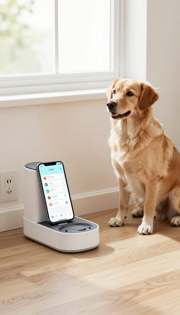 A smart dog food dispenser in a bright home setting with a dog nearby, illustrating app-controlled feeding for tech-savvy owners.