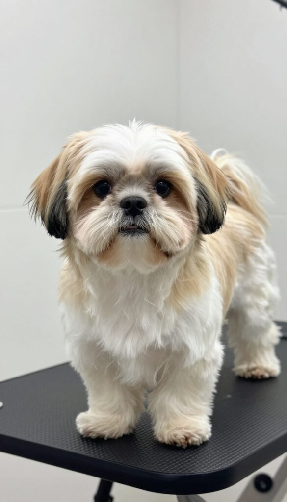 Shih Tzu with natural long coat being brushed in bright natural light for low-maintenance grooming style