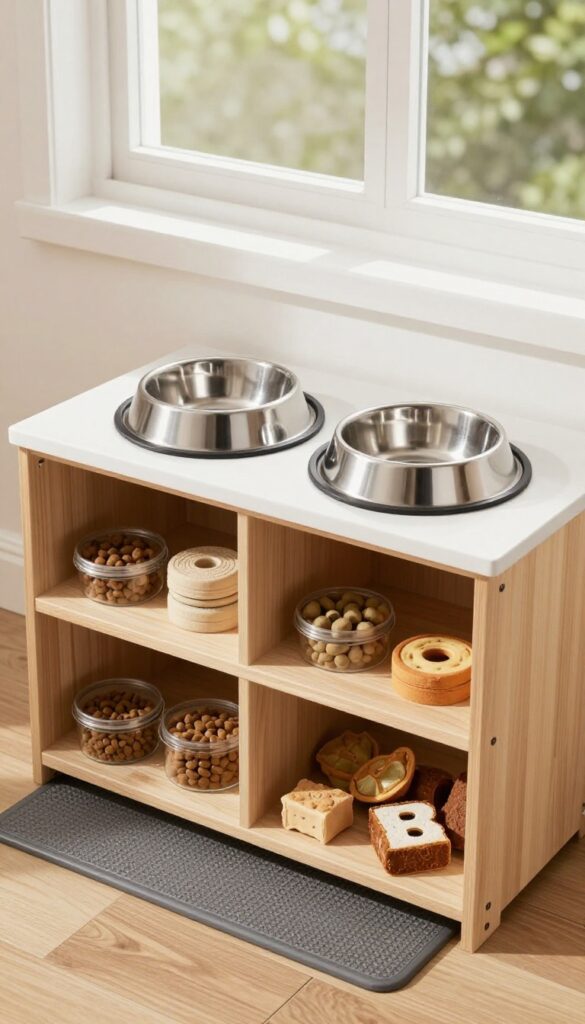 Built-in feeding station with storage drawers inside a dog house