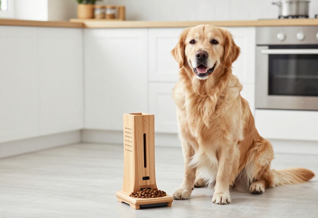 Golden retriever with a DIY wooden dog food dispenser in a kitchen