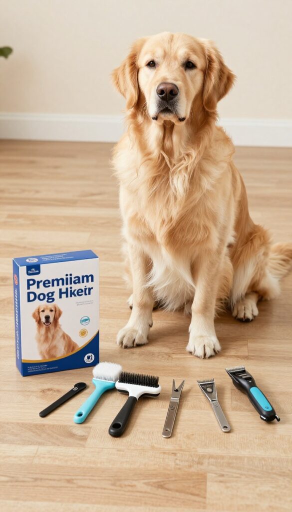 A golden retriever with a healthy coat next to a premium grooming kit, illustrating salon-level tools for home use in a calm, well-lit setting.