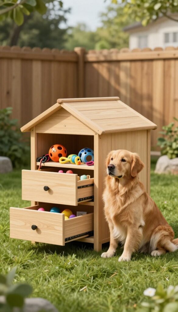 Modern dog house with built-in storage drawers for toys and supplies in a sunny backyard.