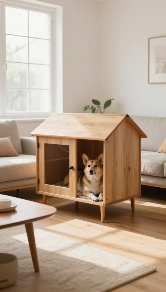 Mid-century modern dog house with clean lines in a bright living room