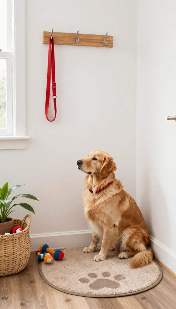 Dog sitting calmly on entryway mat near wall hooks and toy basket