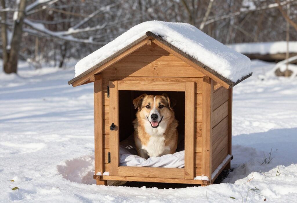 Insulated wooden dog house in snow with dog peeking out