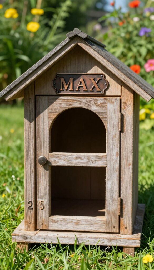 Dog house with decorative metal nameplate reading MAX above door