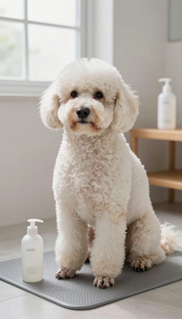 A calm dog with sensitive skin sitting in a bathtub during grooming, with a bottle of mild shampoo nearby in a bright bathroom setting.