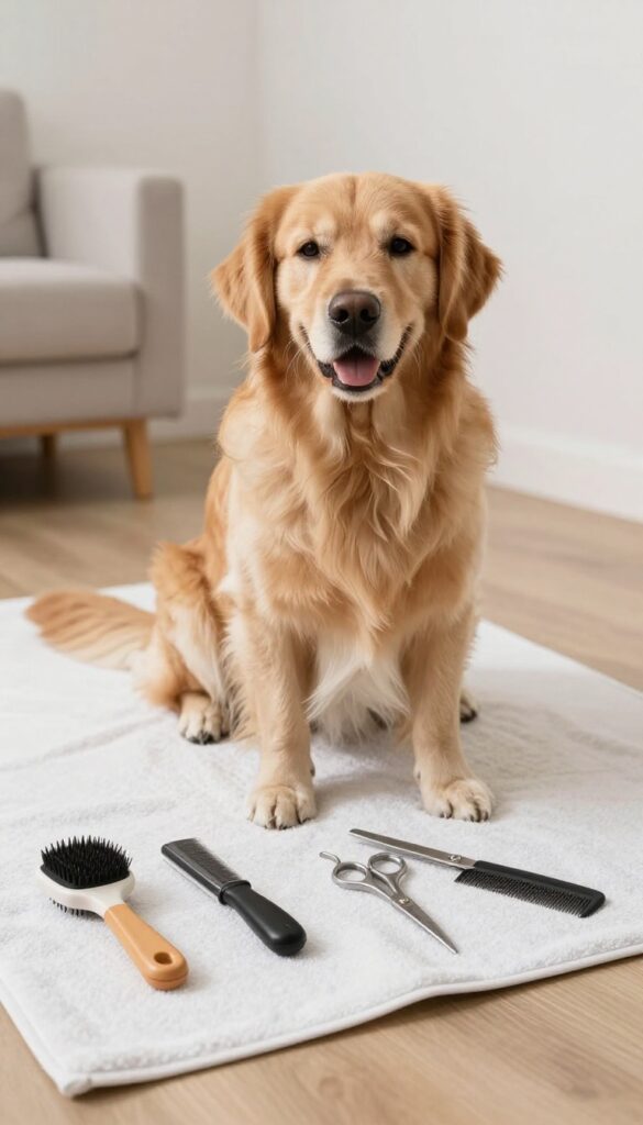 A Golden Retriever sitting calmly next to an organized set of grooming tools on a wooden table in a bright home setting.