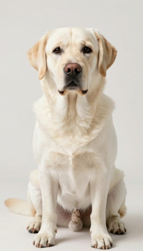 A photorealistic image of a groomed Labrador Retriever in natural light for a breed-specific dog grooming business card concept.