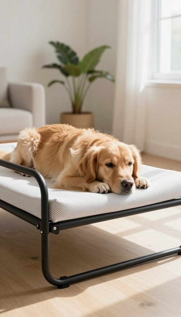 Golden retriever lying on an elevated cot-style dog bed in a bright living room with natural light.