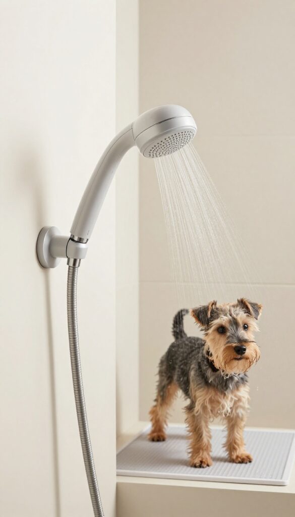 A gentle handheld shower attachment for dogs in a bright bathroom, with a calm small dog during bath time.