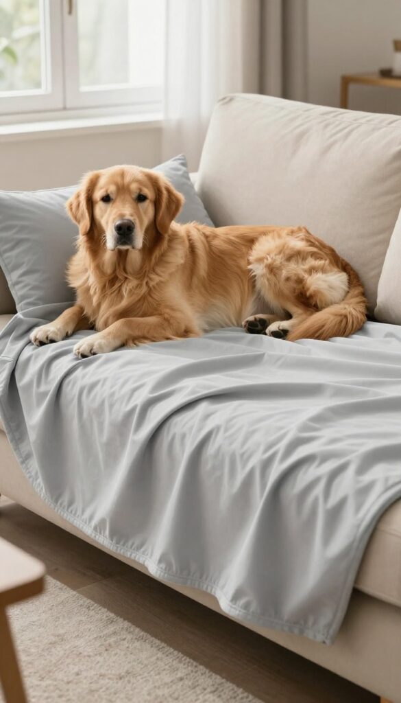 Waterproof blanket on sofa protecting furniture from dog fur and drool
