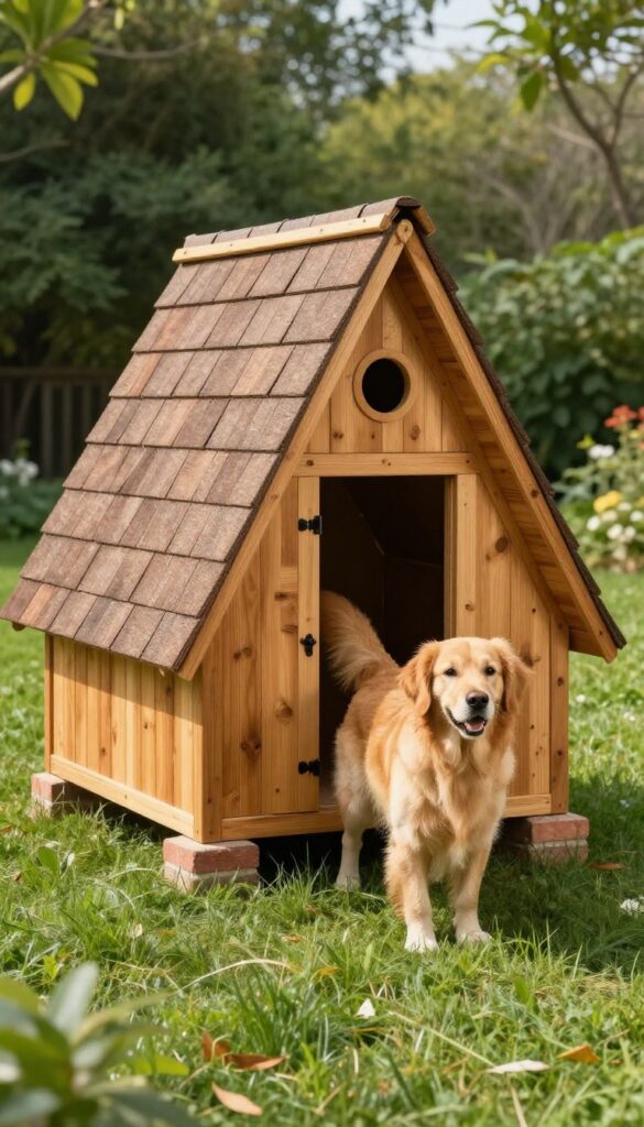 A-frame dog house with steep roof and vinyl flap door in sunny backyard with Golden Retriever