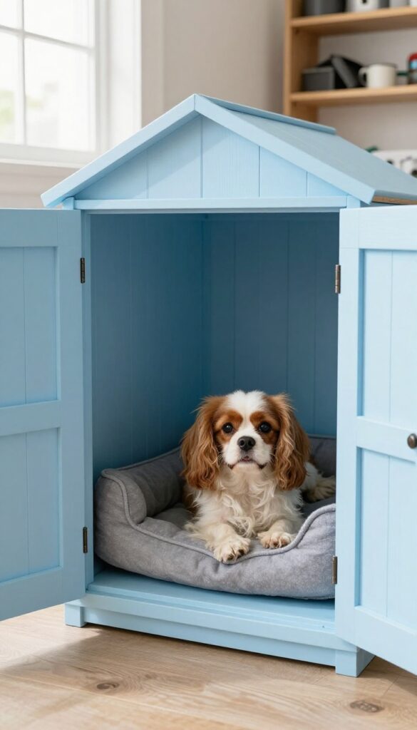 Converted cabinet dog house in garage with dog resting inside
