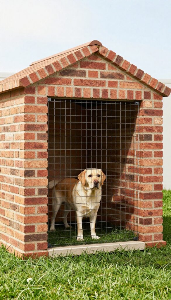 Brick dog house with attached fenced run for outdoor use