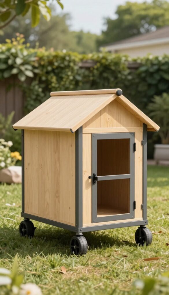 Portable dog house on wheels in a sunny backyard