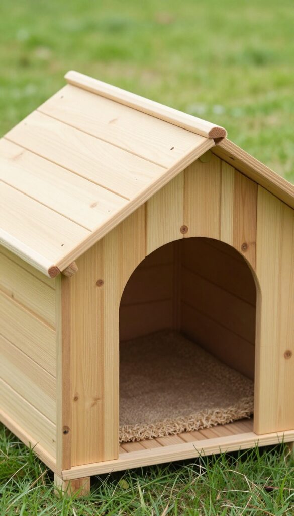 Dog house with removable roof lifted off for easy cleaning, fresh bedding inside