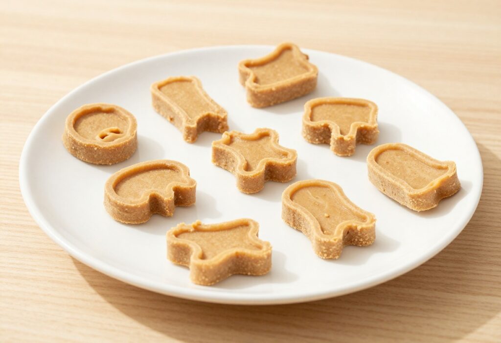 Homemade sourdough peanut butter soft bites for dogs, arranged on a white plate with natural lighting, representing a dog treat recipe blog.
