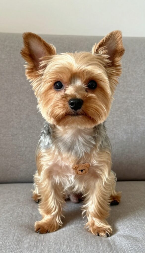 A Yorkshire Terrier with a Teddy Bear Trim haircut sitting in natural light in a cozy home setting.