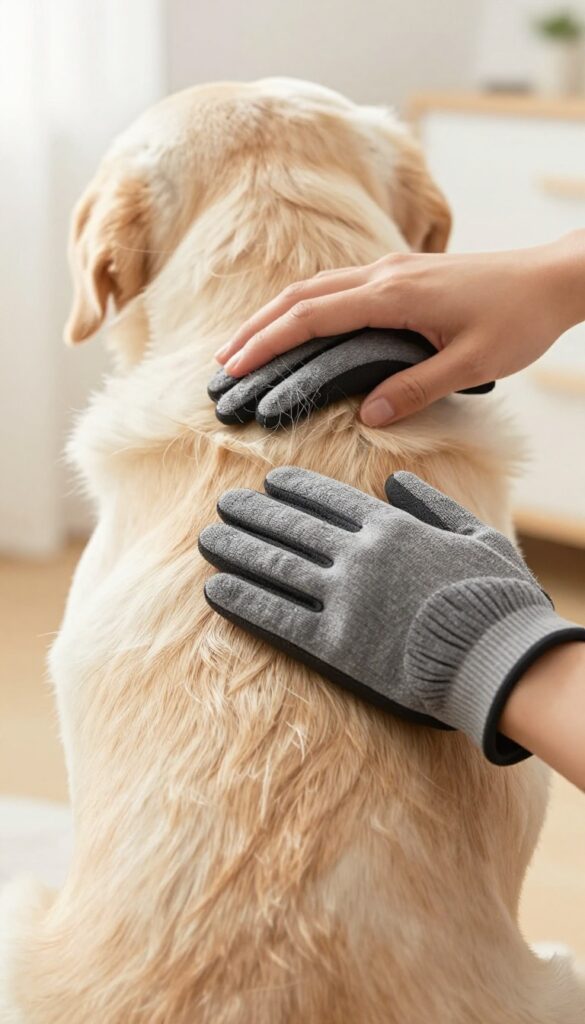 A person using a grooming glove to brush a Labrador Retriever in a sunny living room, showing gentle bonding and shedding management.