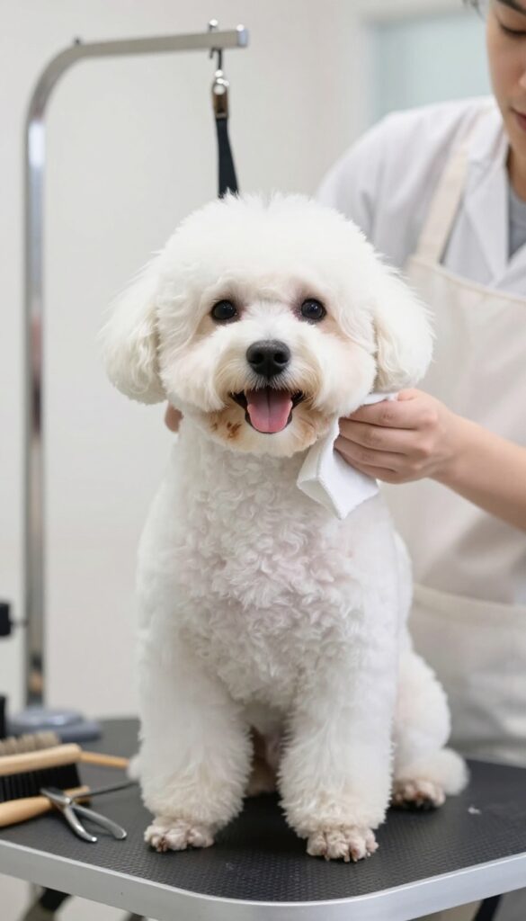 A professional groomer gently cleaning a white dog's mouth area on a grooming table in a bright salon, showcasing effective stain prevention.