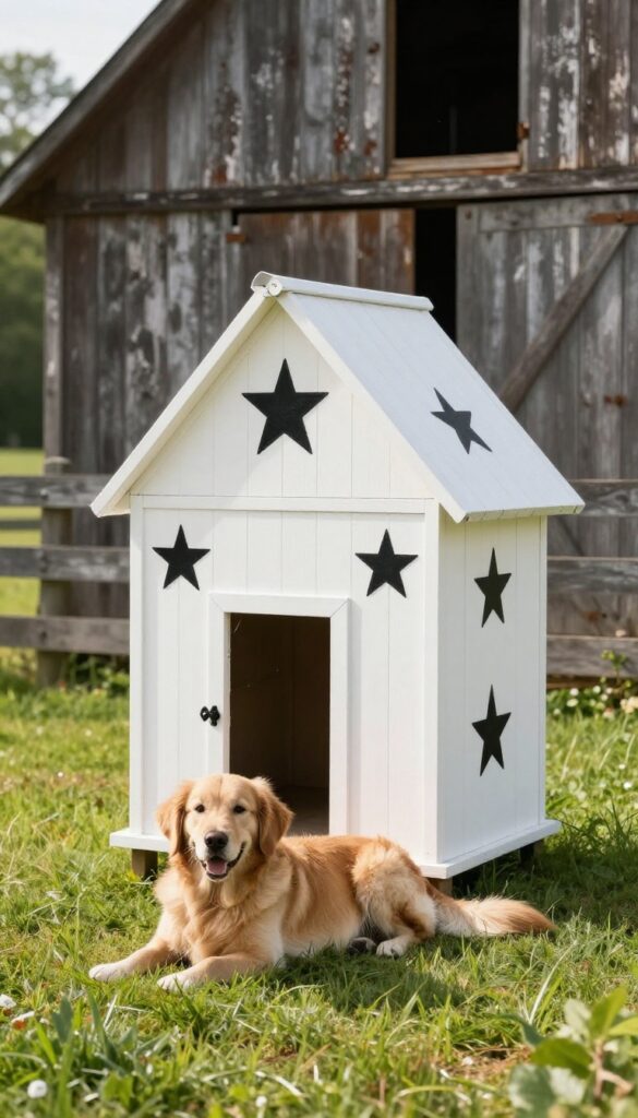 White painted dog house with black stencil barn star design in a sunny farmhouse yard