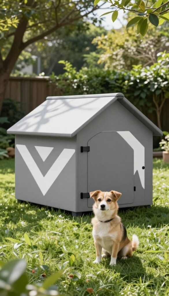 Modern gray dog house with white geometric triangle and chevron patterns in a sunny garden