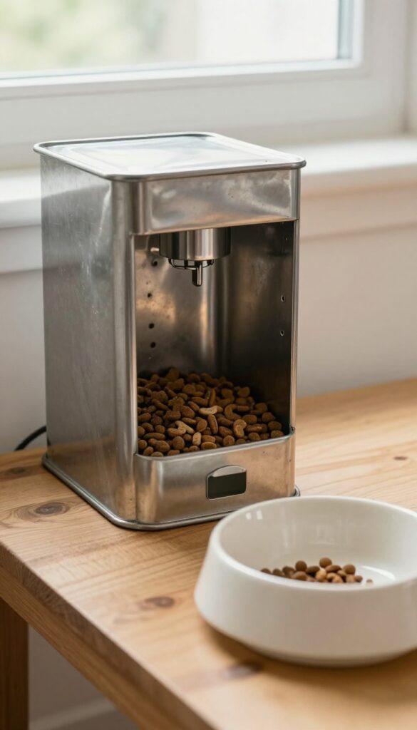 A durable metal can dog food dispenser assembled from pantry tins, positioned next to an empty ceramic bowl in bright natural light, ideal for strong-chewing breeds and practical household use.