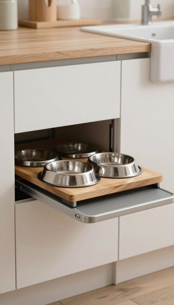 A slide-out tray in a kitchen cabinet with stainless steel dog bowls, illustrating an organized feeding solution for pets.