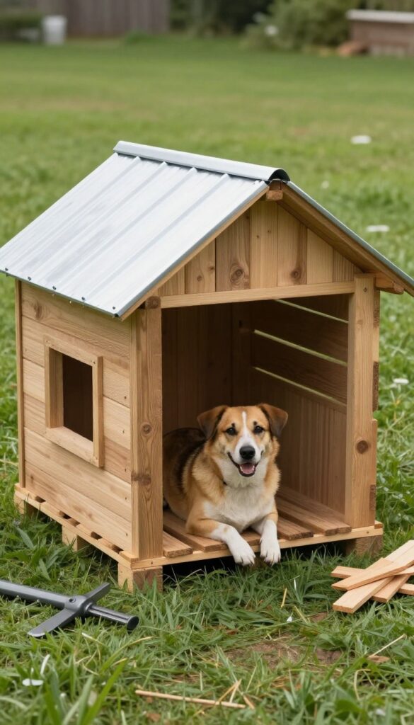 DIY pallet dog house with reflective metal roof in a sunny backyard