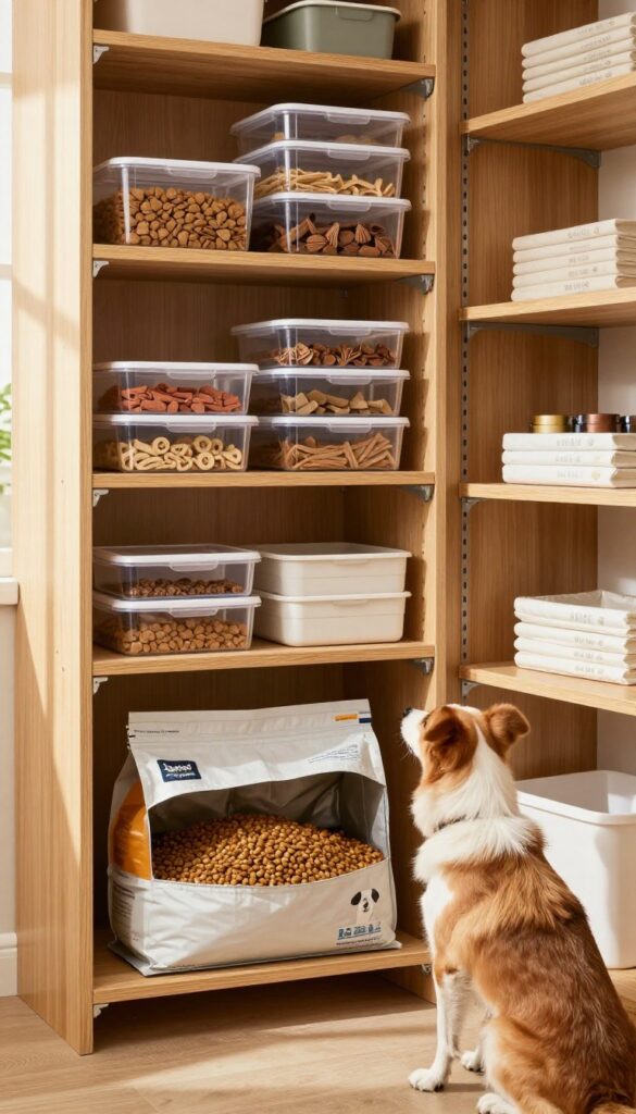 Adjustable shelf system in a closet with dog food and treat storage