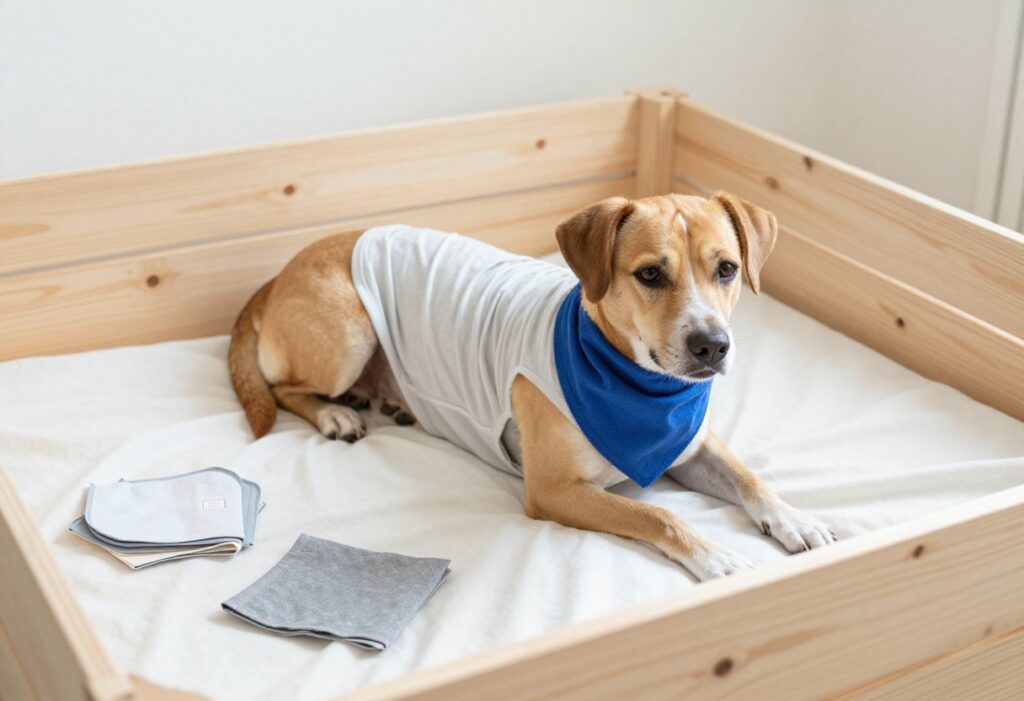 A dog with a homemade t-shirt bandana in a cozy, DIY-friendly home setting, representing affordable dog accessory projects.