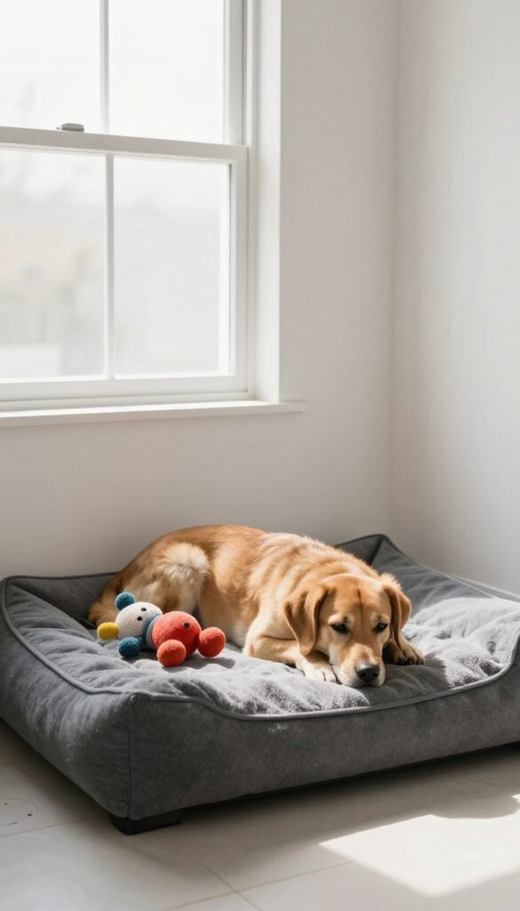 A calm dog resting on a soft bed in a bright, clean grooming room setup, illustrating a comfortable rest area for home dog grooming.