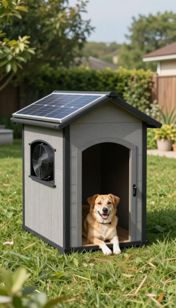 Solar-powered dog house with solar panel on roof and air conditioner, dog resting inside