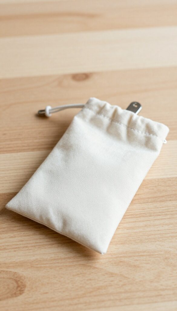 A handmade dog treat pouch made from plain canvas fabric, with a drawstring and clip, lying on a wooden surface in natural light, ideal for organizing treats during walks.