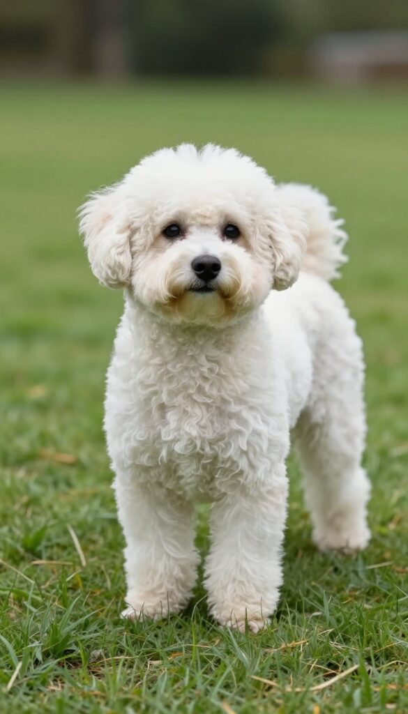 A Maltipoo with a short back and sides haircut standing on grass, showcasing a tidy, low-maintenance style that helps reduce dirt pickup after outdoor activities.