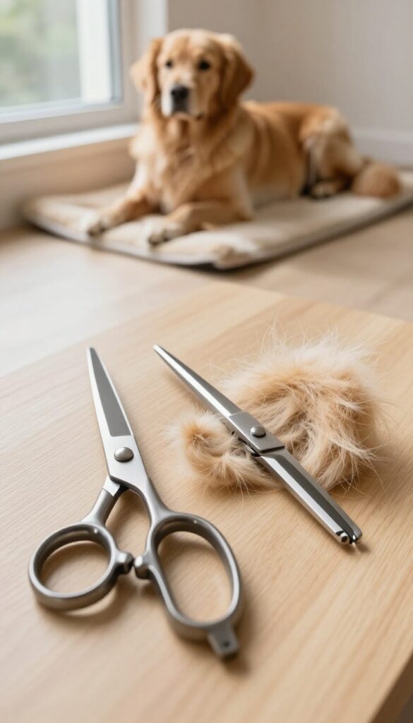 Straight-blade dog grooming scissors with trimmed golden retriever fur in natural light