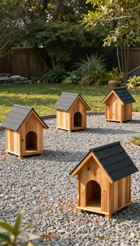 Three small A-frame dog houses arranged in an arc on gravel in a sunny yard