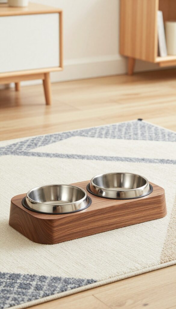 An elevated wooden dog feeder with stainless steel bowls in a mid-century modern living room setting