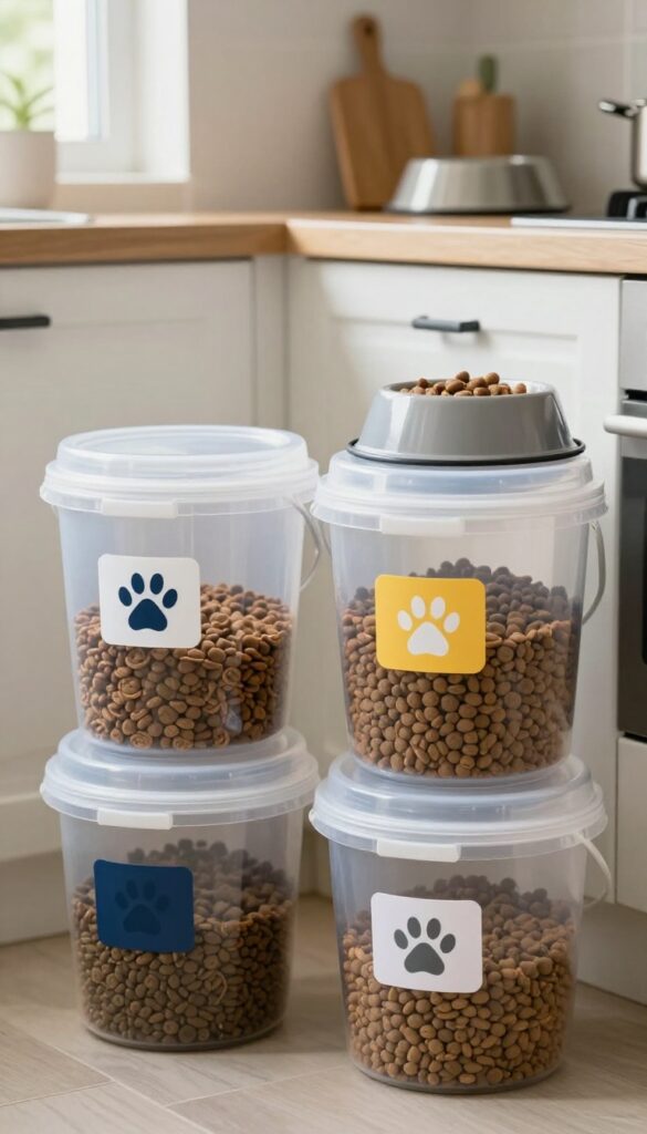 Sealed plastic buckets storing dog kibble in a bright kitchen corner, showcasing an organized pet food storage solution.