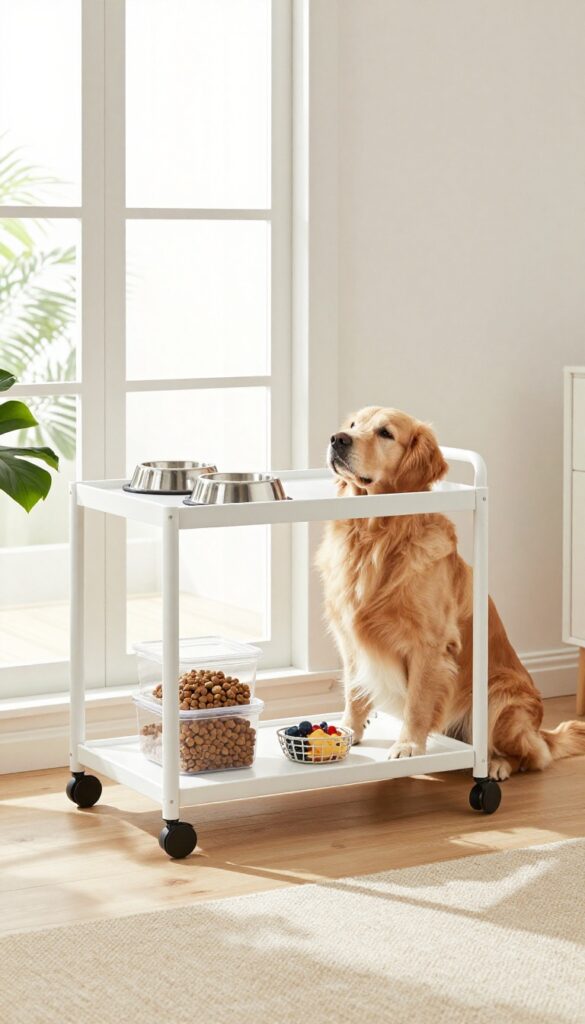 Rolling cart dog feeding station with bowls and supplies in bright living room